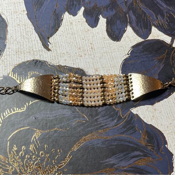 Estate Gold Metal and Gold White & Cream Sparkling Wide Beaded Bracelet D3 - Picture 2 of 12